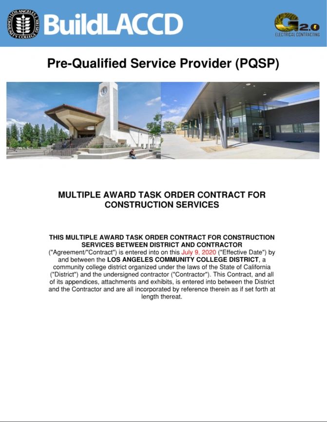 The Los Angeles Community College District pre-qualified service provider certificate issued to GECTWO Inc.