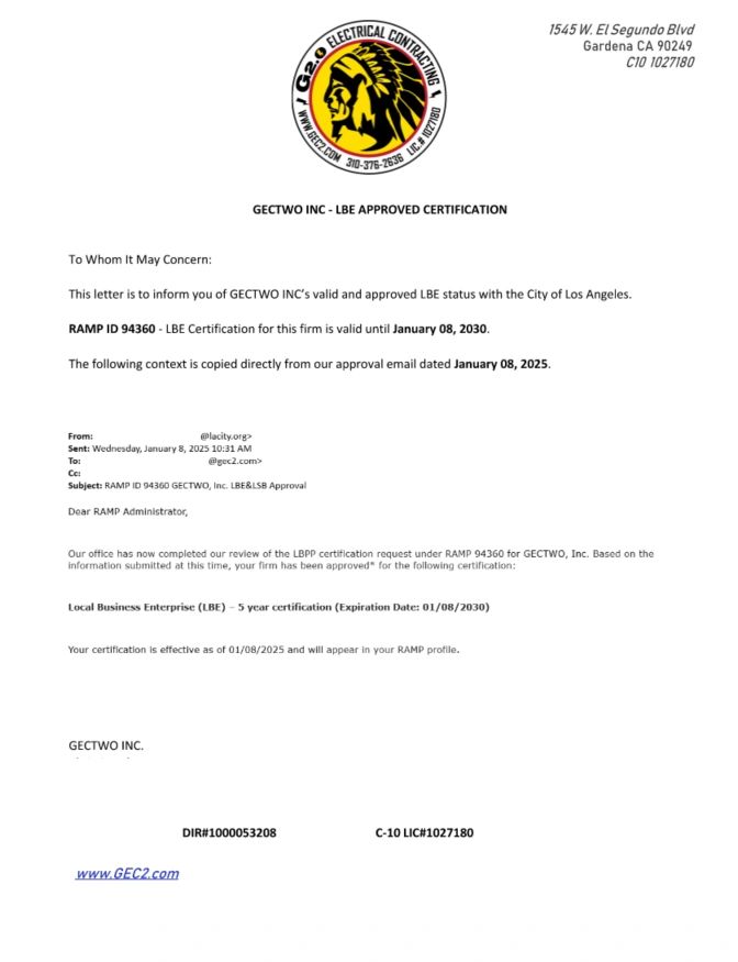 The City of Los Angeles LBE approval letter for GECTWO Inc., on G2.0 letterhead, stating RAMP ID 94360 and a five year certification.