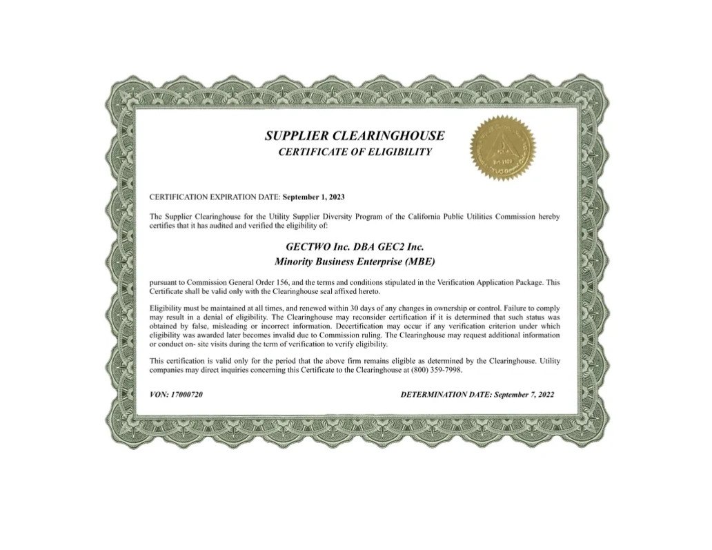 The Supplier Clearinghouse certificate of eligibility verifying GECTWO Inc. doing business as GEC2 Inc. as a Minority Business Enterprise under CPUC General Order 156.