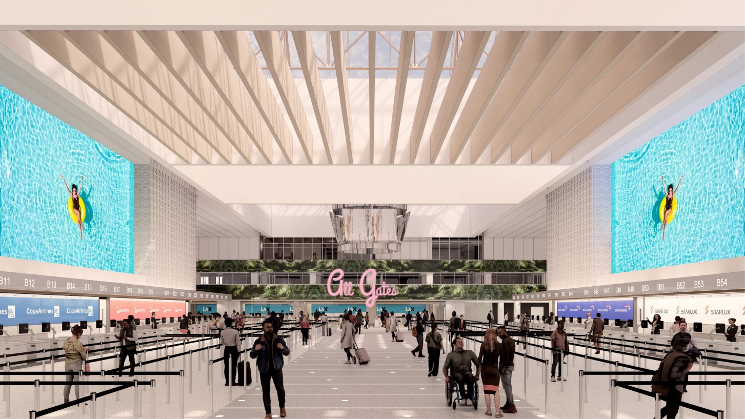 The west ticketing hall at Tom Bradley International Terminal, a daylit volume under a ribbed ceiling with airline check in counters down both sides and full height digital walls above them.